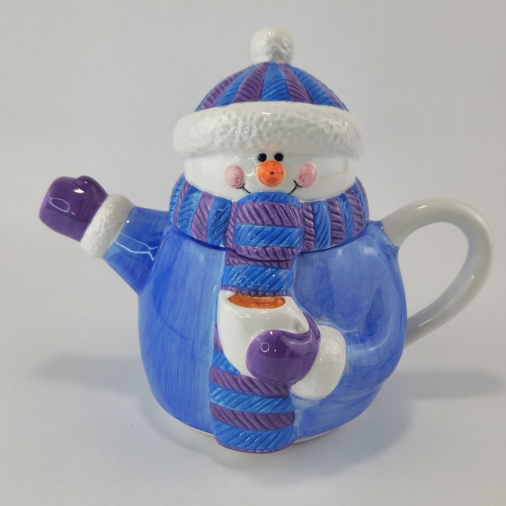 Vintage Snowman Hot Cocoa Pot Teapot Christmas Ceramic Holiday Blue Purple